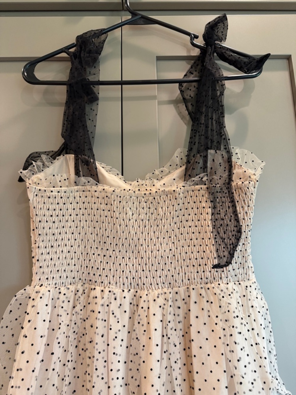 Vici tan/black Polka Dot Tiered Dress with Black Shoulder Ties - Picture 3 of 6